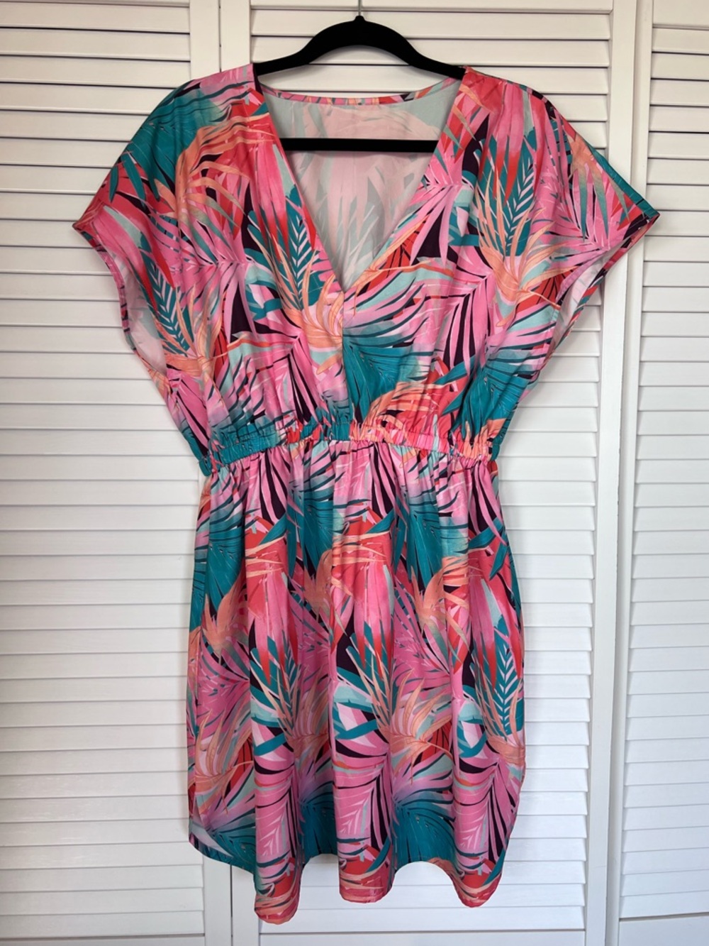 Tropical Pink & Teal V-Neck Women’s Swim Cover Up Dress Elastic Waist EUC Sz: L